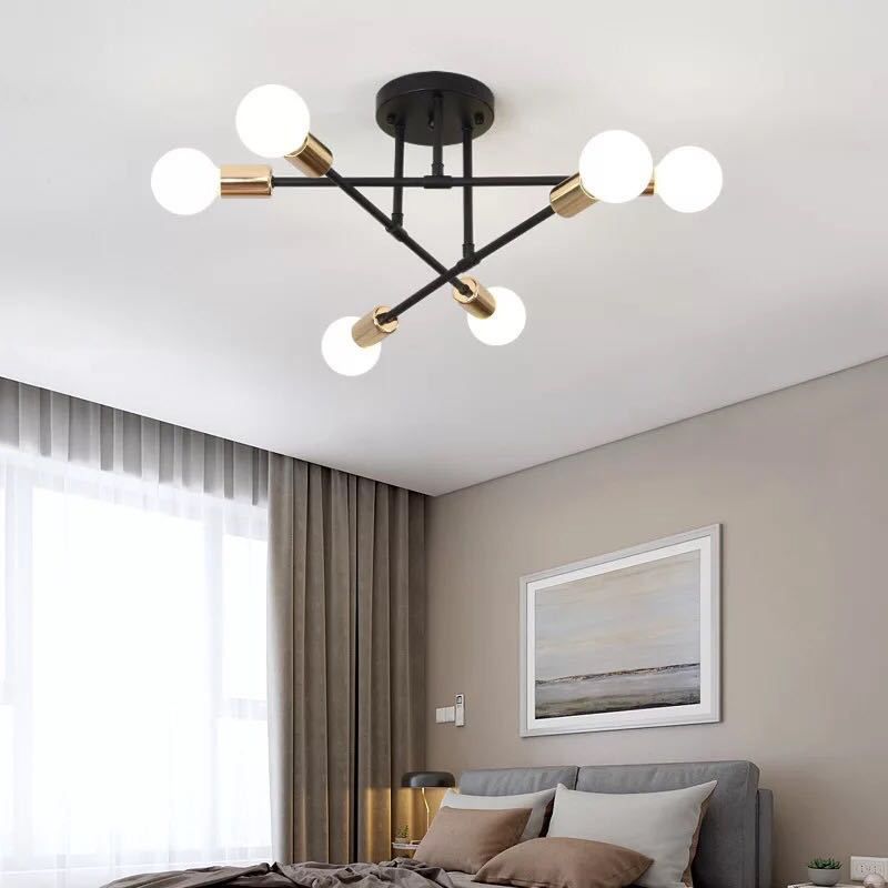 Industrial Vintage 6-Light Ceiling Light Wrought Iron Bare Bulb Semi Flush Mount for Living Room
