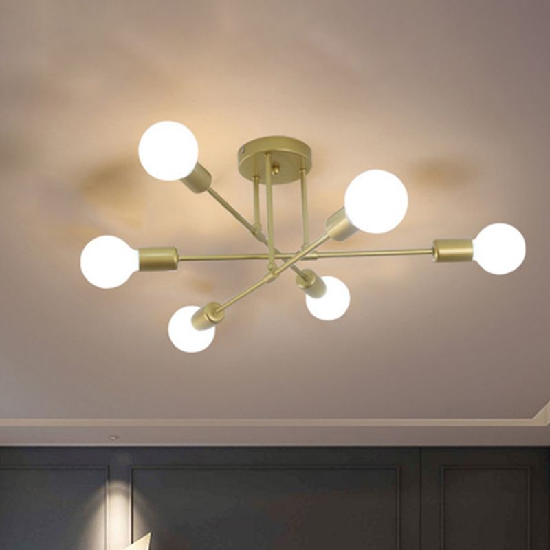 6-Lights Bare Bulb Design Ceiling Light 26.7" Wide Industrial Style Metal Semi Flush-mount Light for Dining Room