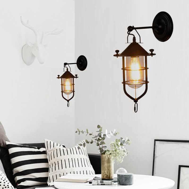 Clear Glass Black Sconce Lamp Capsule 1-Light Traditional Wall Mounted Lighting with Cage