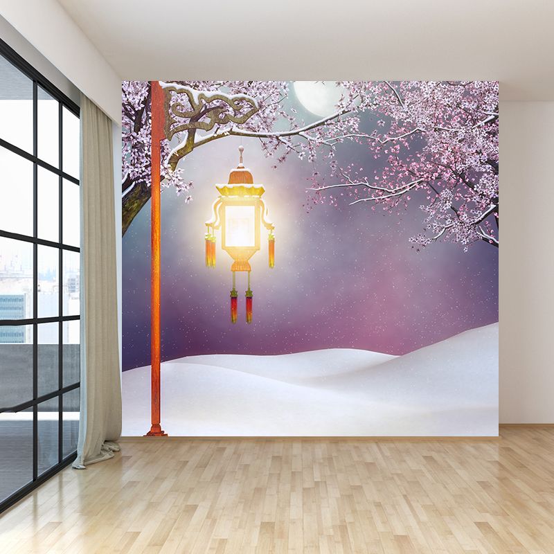 Huge Snowfield and Streetlamp Mural for Bathroom Winterscape Wall Art in Pink, Moisture Resistant