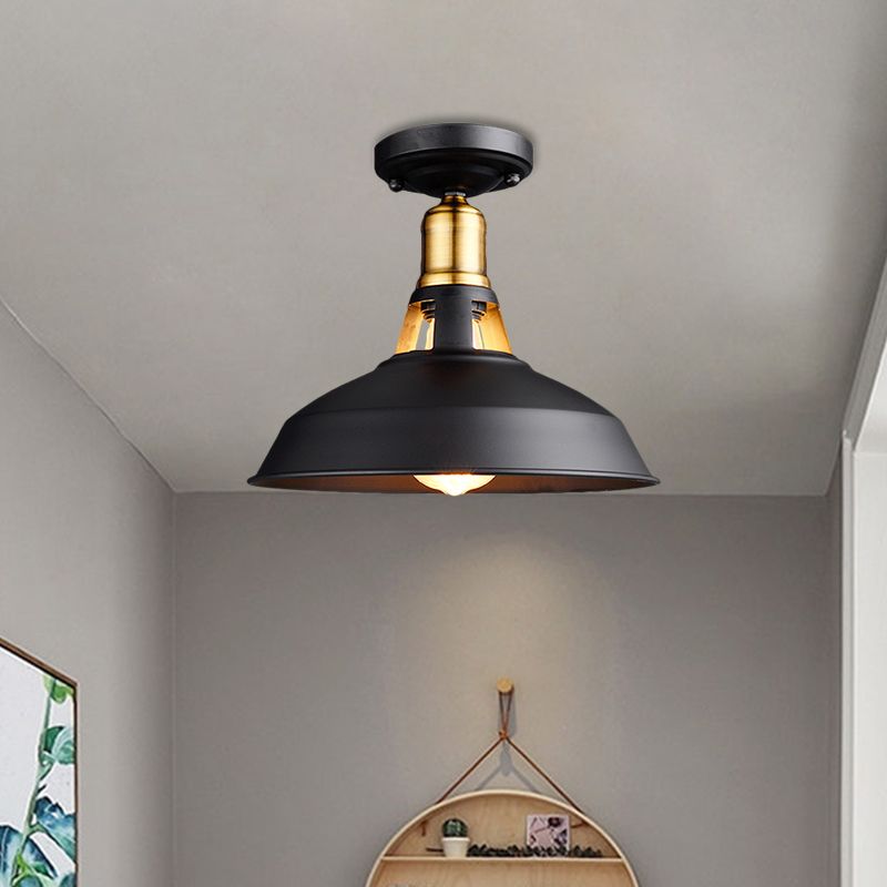 Plafonnier de grange rétro élégant, 1 lumière en métal, luminaire Semi-affleurant en noir/blanc pour Foyer