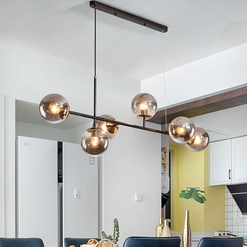 Industrial 6-Light Island Pendant with Amber/Milky White/Gradient Blue Glass Shade Brass Ball Ceiling Light with Adjustable Cord