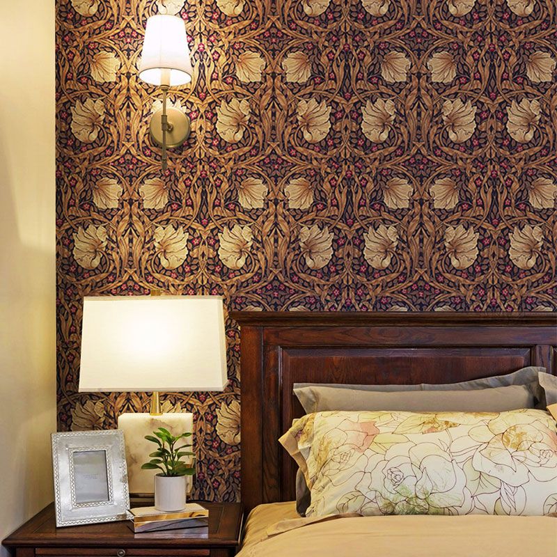 57.1 sq ft. Rural Wallpaper Roll for Bedroom Decor with Garden Flowers Design in Dark Red