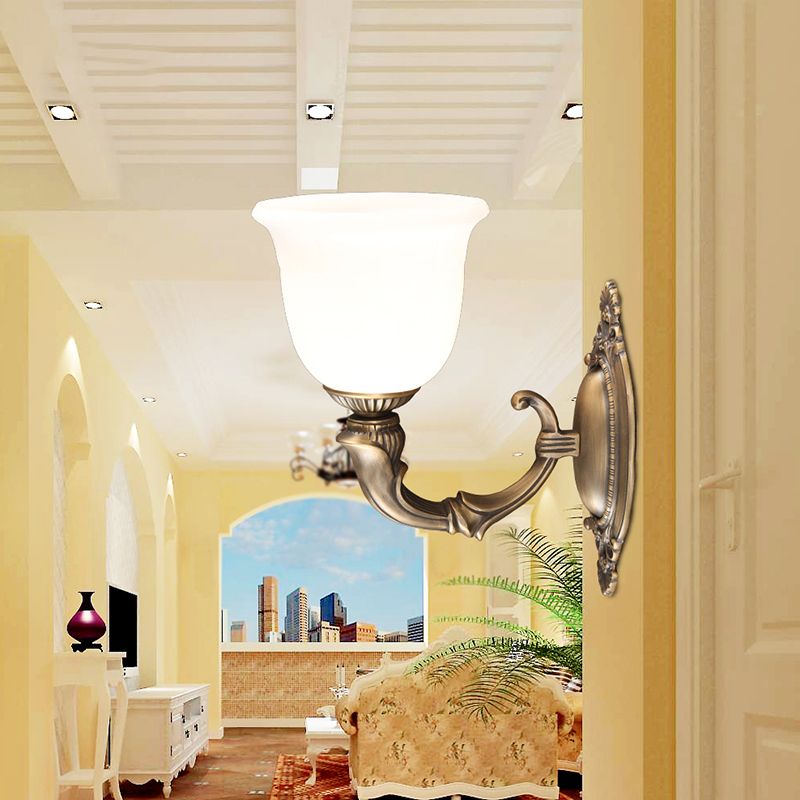 Retro Bell Wall Mounted Lamp 1-Bulb Ivory Glass Sconce Light Fixture in Bronze for Aisle
