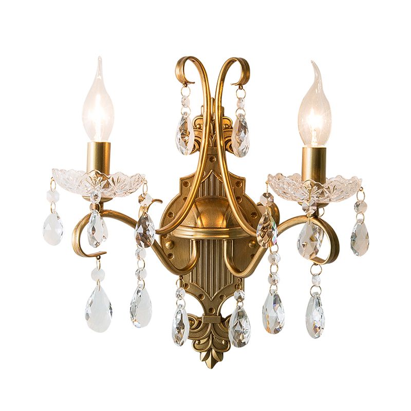 2 Bulbs Wall Light Fixture Traditional Candlestick Draping Crystal Raindrop Sconce Light in Gold