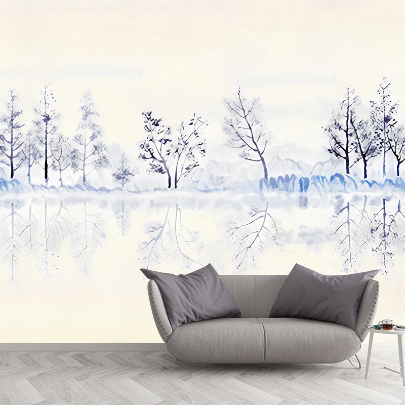 Purple-Yellow Modernist Mural Wallpaper Full Size Trees in River Bank Pattern Wall Art for Bedroom