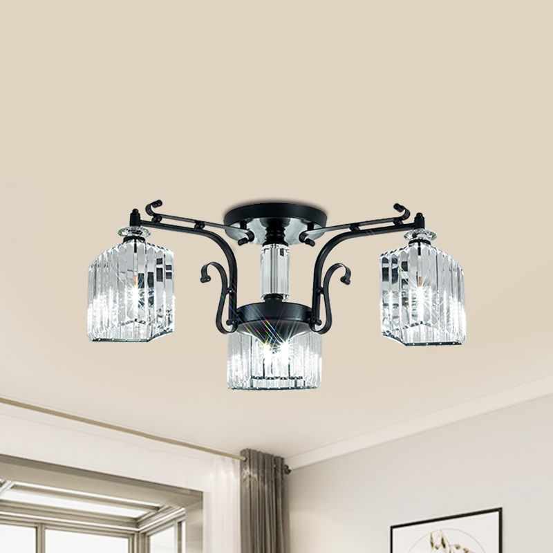 3 ampoules Scrolling bras semi-flush Mount lampe de plafond en métal noir moderne avec une teinte cubique claire