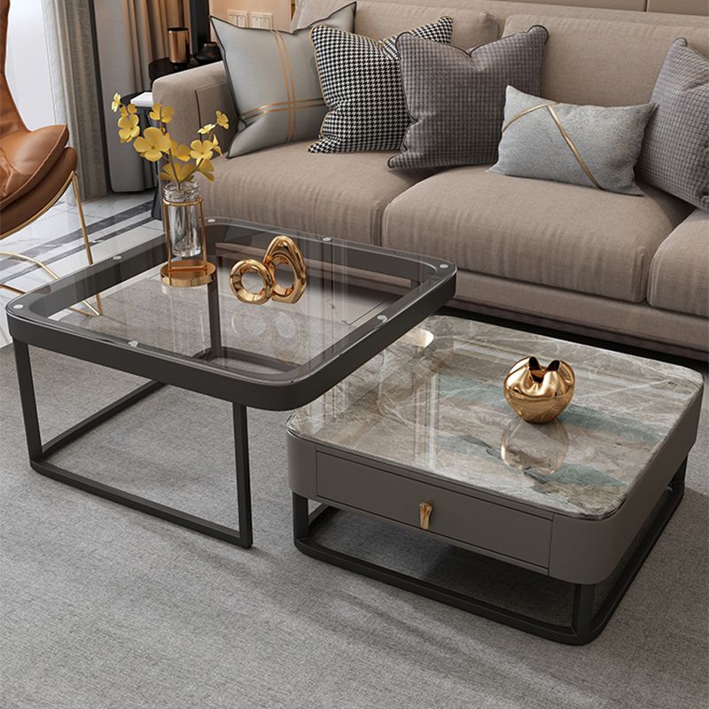 Coffee Table with a Framed Base and a Glass Top Made of Square Slate