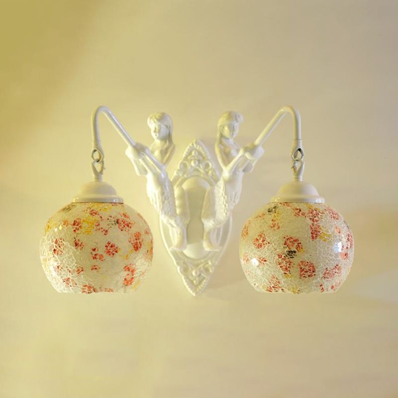 Cut Glass Red/Pink/Yellow Vanity Lamp Globe Shade 2 Lights Mediterranean Sconce Light Fixture for Bathroom