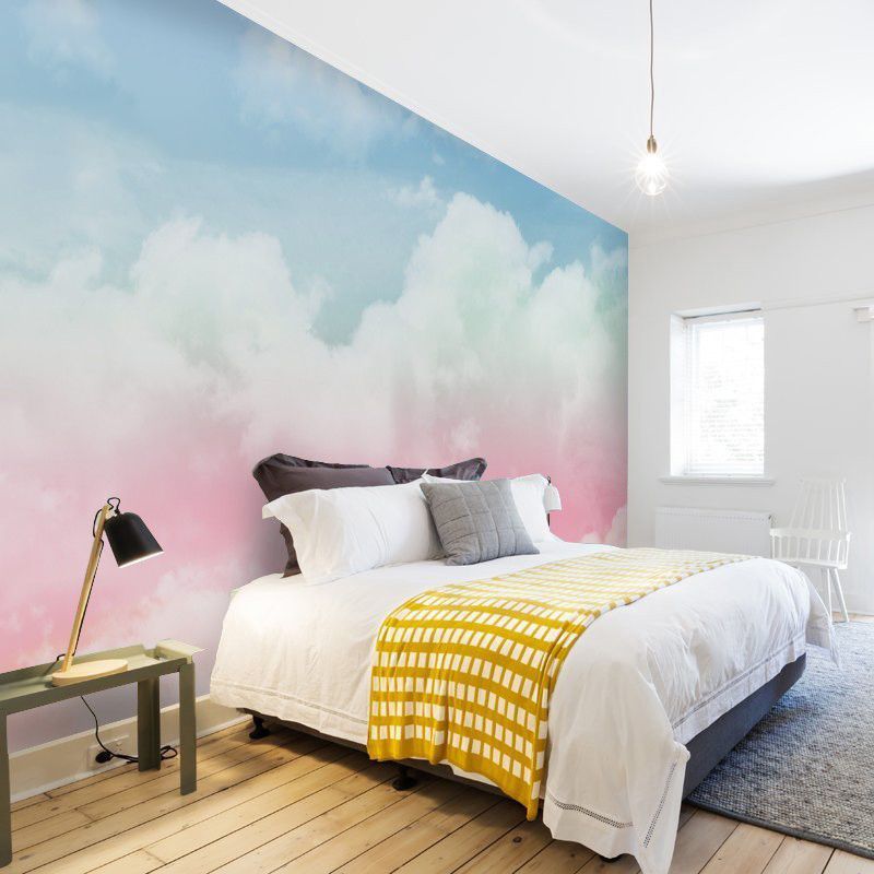 Full Photography Cloud Wall Mural for Girl's Bedroom Decor in Pink and Blue, Custom Size Available