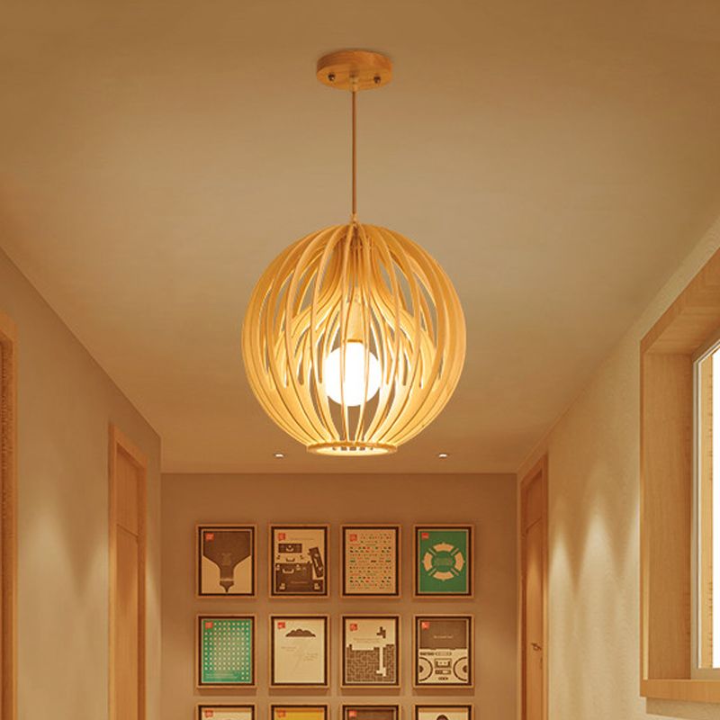 Asia Style 2-Layer Cage Pendant Wooden 1 Head Dining Room Ceiling Light in Beige with Interior Fabric Shade