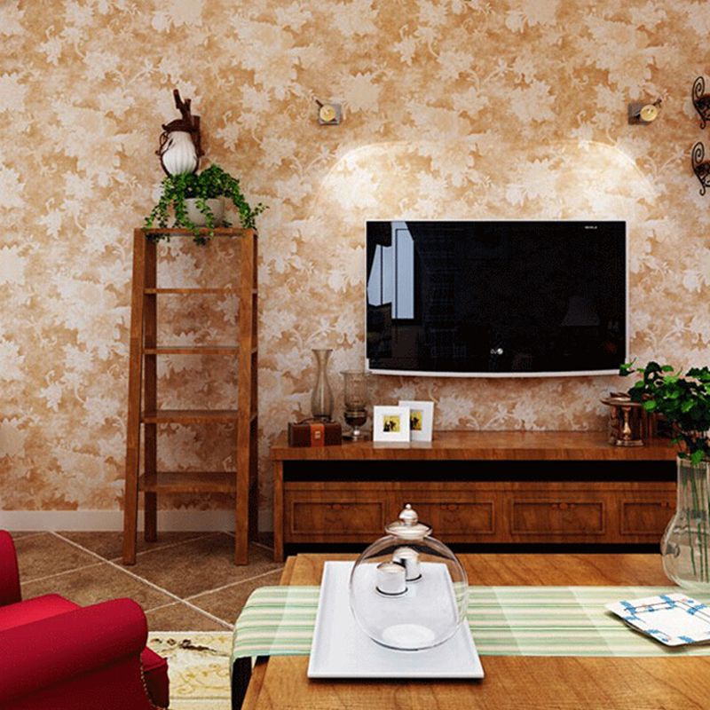 Maple Leaves Plant Wallpaper Countryside Shimmer Wall Art in Yellow for Bedroom, Paper Made