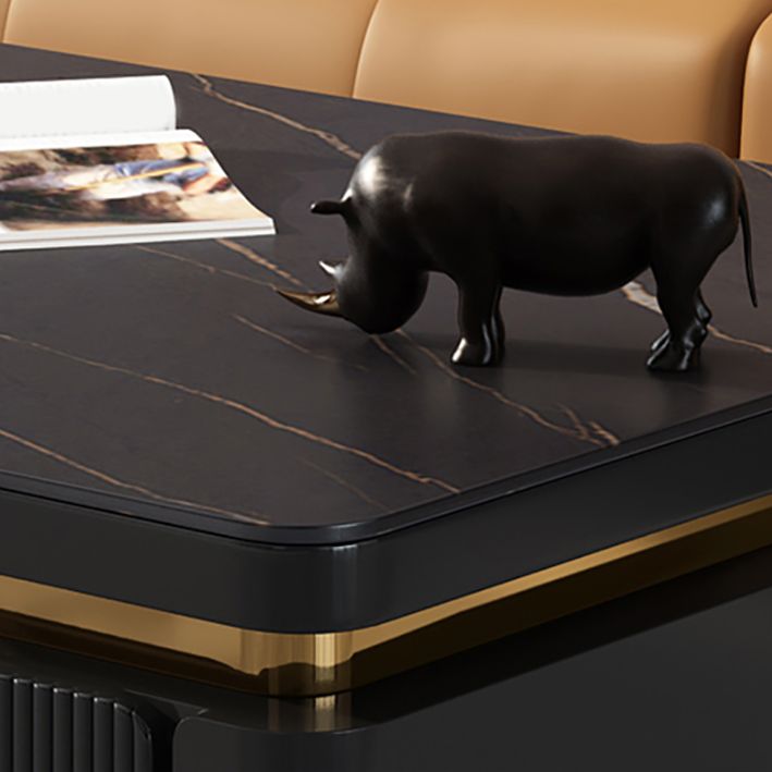 Wooden Block Cocktail Table with Drawers Glam Slate Top 4-Door Coffee Table