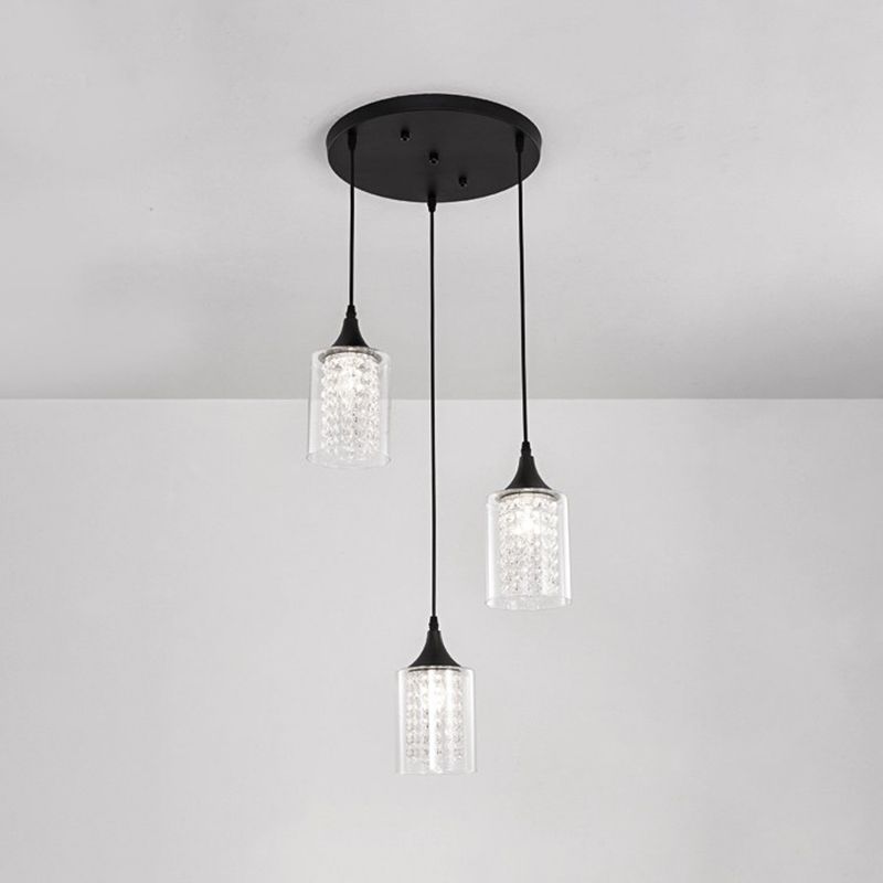 Cilindro in vetro trasparente multiplo a sospeso lampada a pendolo nero minimalista a 3 luci con baldacchino lineare/rotondo