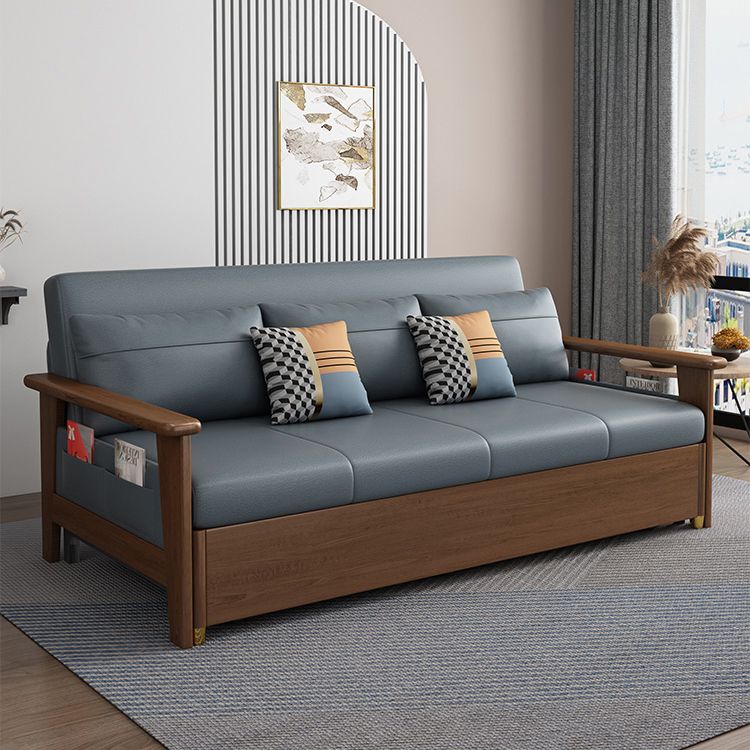 Convertible Square Arm Sofa with Pillows Faux Leather Sofa Bed in Blue