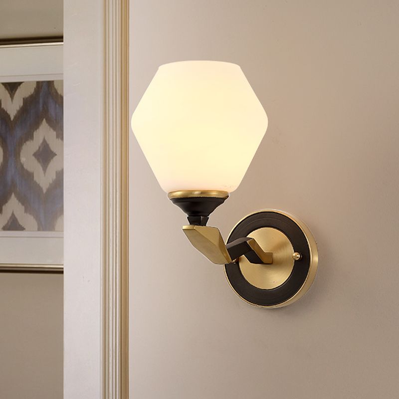 1/2-Bulb Hexagon Wall Light Sconce Classic Black and Gold Frosted Glass Wall Lighting Fixture