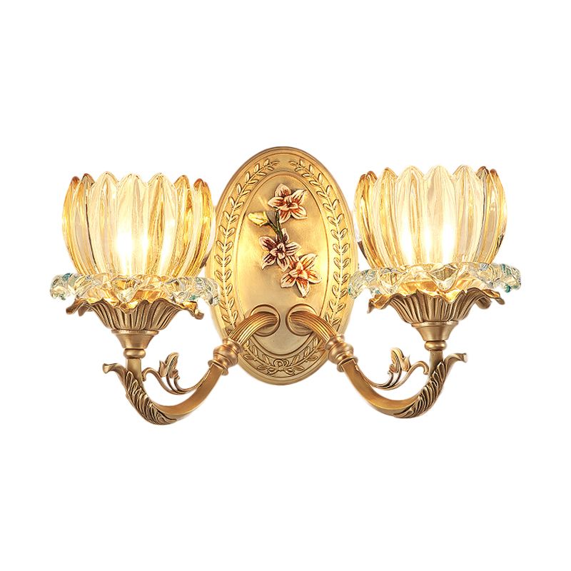 Antique Flower Wall Lamp 2 Lights Clear Ribbed Glass Sconce Lighting Fixture in Gold