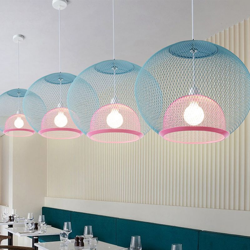 Globales Mesh Restaurant Anhänger Licht Metallic 1-Bulb-Makkaron Deckenhänge in Rosa/Gelb/Blau