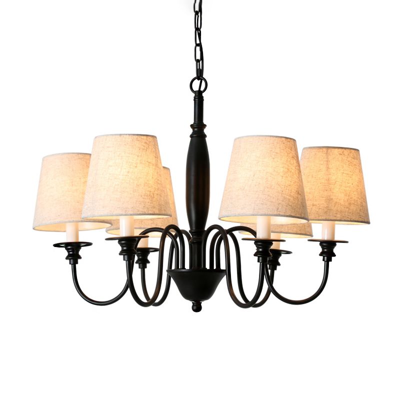 Zwart 6 koppen kroonluchter verlichting landstof stof taps toelopend hangende hanglamp met dompelende arm