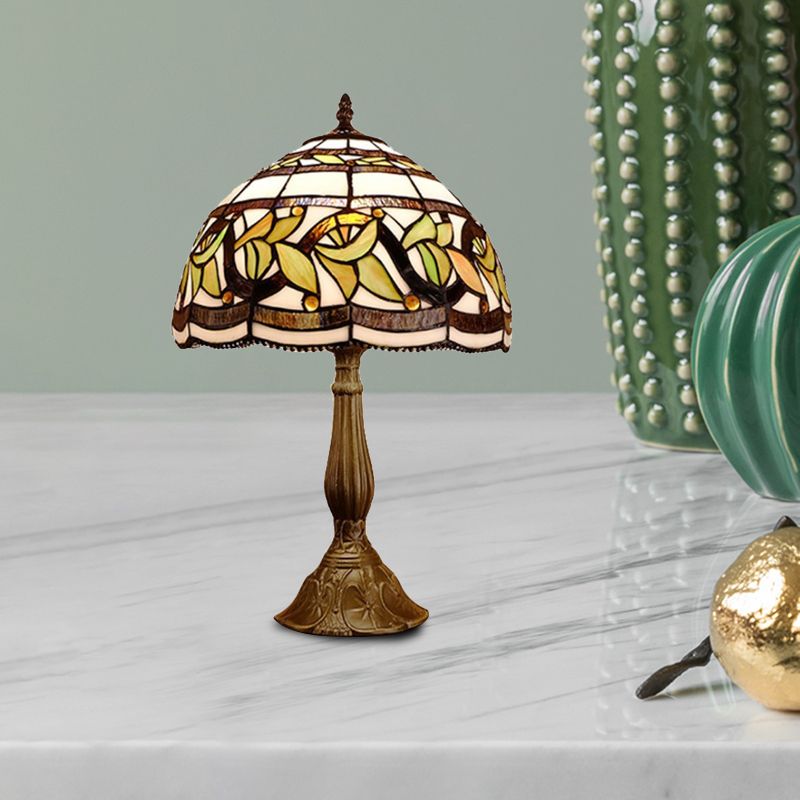 1 kop Dome tafellamp barokke stijl geel/groen/oranje gebrandschilderd glas nachtkastje lamp met blad/bloempatroon