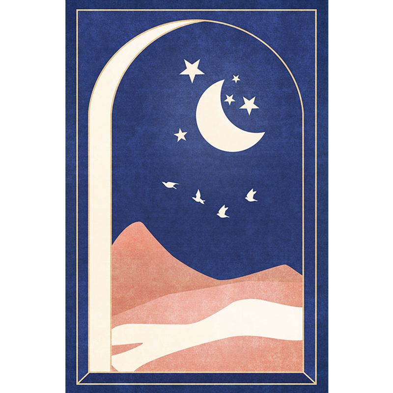 Oriental Moon Pattern Rug Blue and Orange Polyester Rug Non-Slip Backing Washable Pet Friendly Carpet for Home