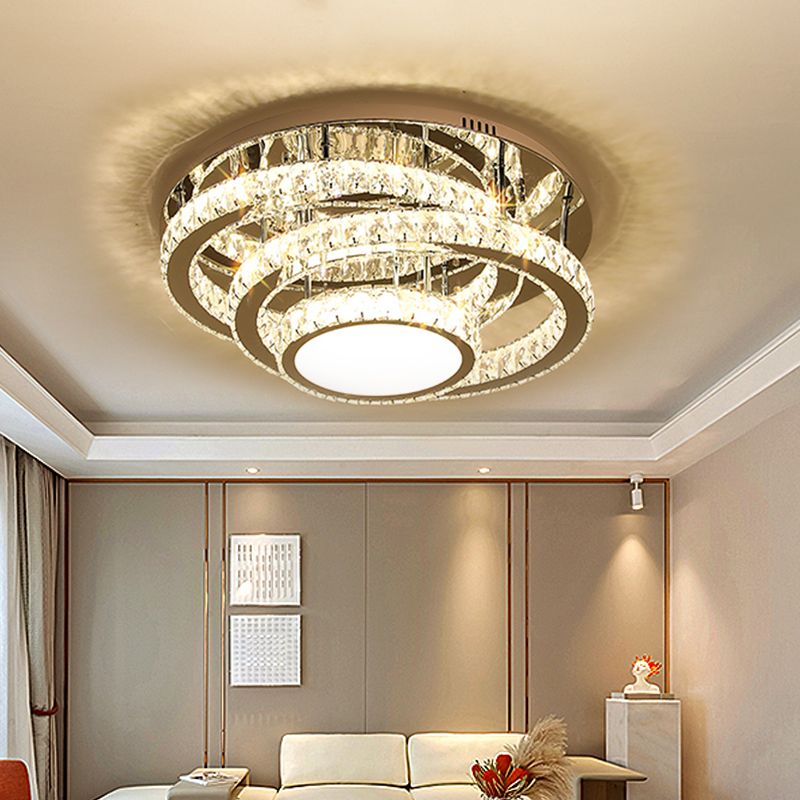 19.5"/23.5" Wide LED Ceiling Lamp Modern Ring Clear Rectangular-Cut Crystals Flush Light Fixture in Stainless-Steel