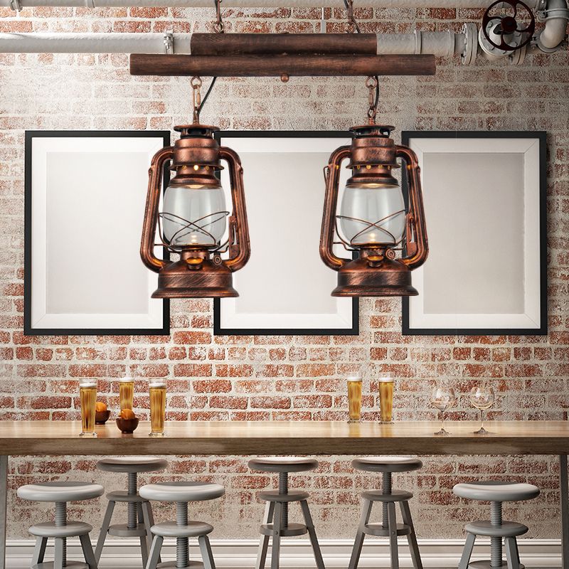 Bronze/Copper Lantern Island Light Fixture Coastal Clear Glass 2-Bulb Kitchen Hanging Lamp
