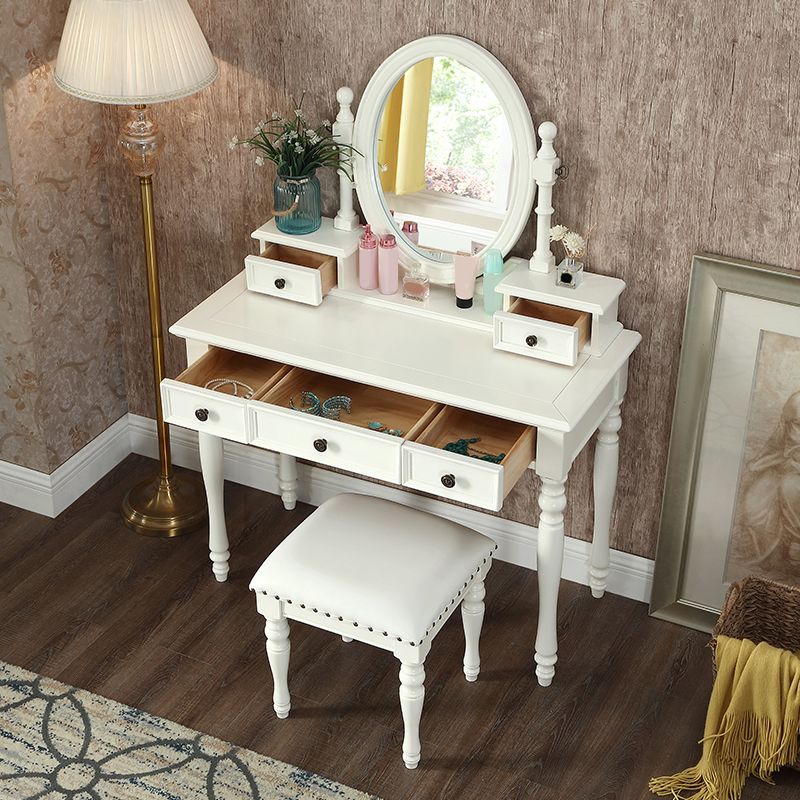 Traditional Mirrored Make-up Vanity Rubber Wood Dressing Table Stool Set