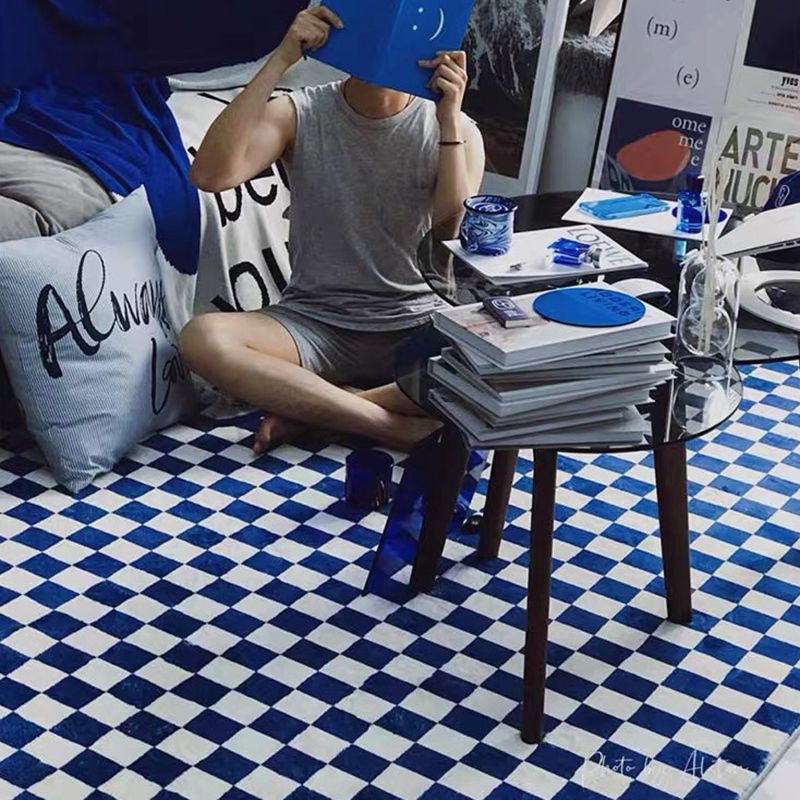 Green Modern Rug Polyester Grid Rug Stain Resistant Rug for Living Room