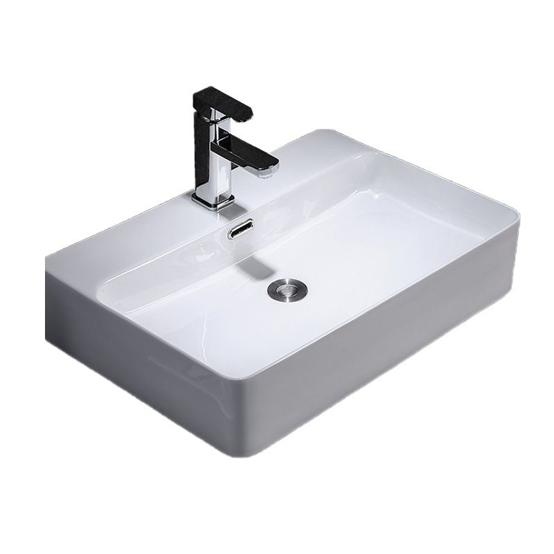 Contemporary Vessel Bathroom Sink Rectangular White Ceramic Overflow Drain Assembly Sink