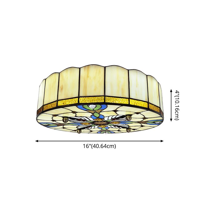 Drum Ceiling Mount Light Mediterranean Stained Glass Flush Mount Fixture for Bedroom
