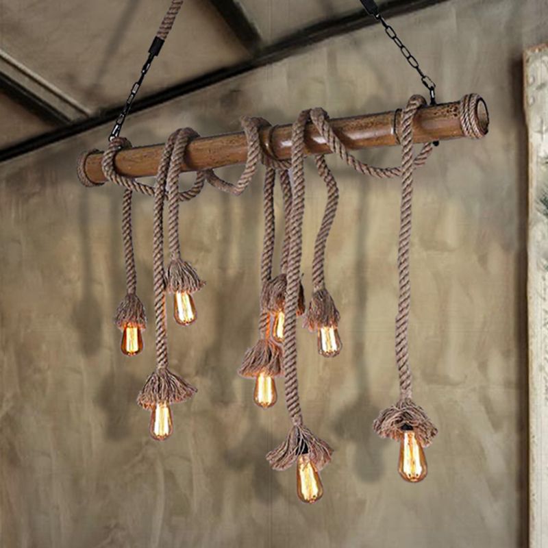 Rope Exposed Bulb Island Pendant Light Industrial 4/8 Light Dining Room Hanging Lamp in Beige