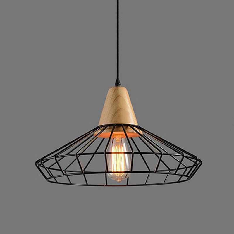Wrought Iron Black Hanging Light in Industrial Vintage Style Wooden Single Pendant Light with Iron Frame