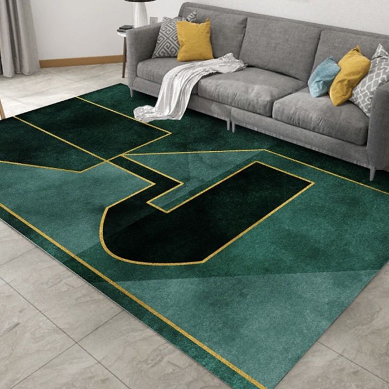Green Tone Metal Lines Print Rug Polyester Trendy Anti-Slip Backing Indoor Rug for Living Room