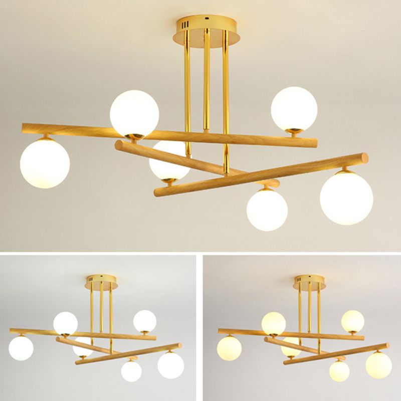 White Glass Bubble Chandelier Modern Gold and Wood Grain Hanging Light for Living Room