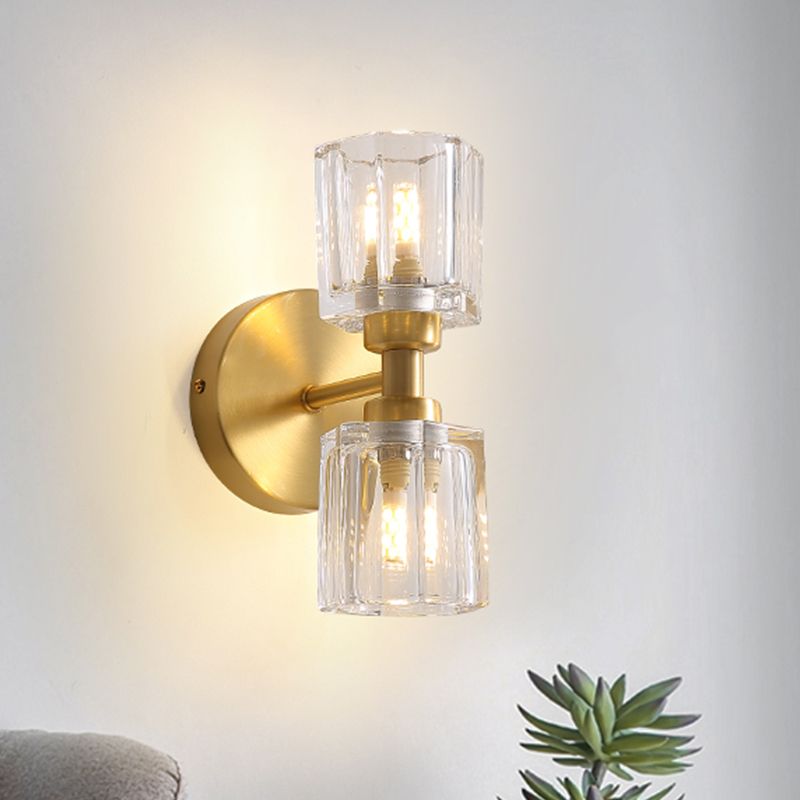 Tapered Living Room Wall Light Clear Crystal 2 Bulbs Modern Style Wall Sconce Lamp in Gold Finish