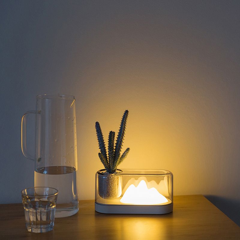 Plastic Mountain Shaped Night Light Artistic Rechargeable LED Table Lamp with Oval Cover and Storage Cup