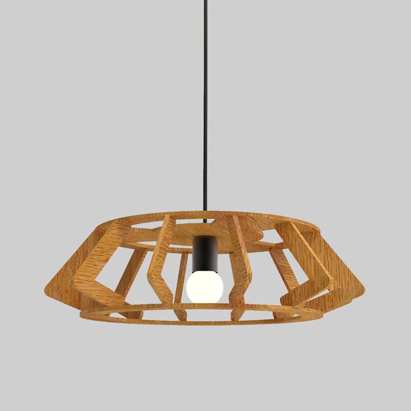 Asian Drum Frame Pendant Light Fixture Wood 1-Light Study Room Hanging Ceiling Lamp