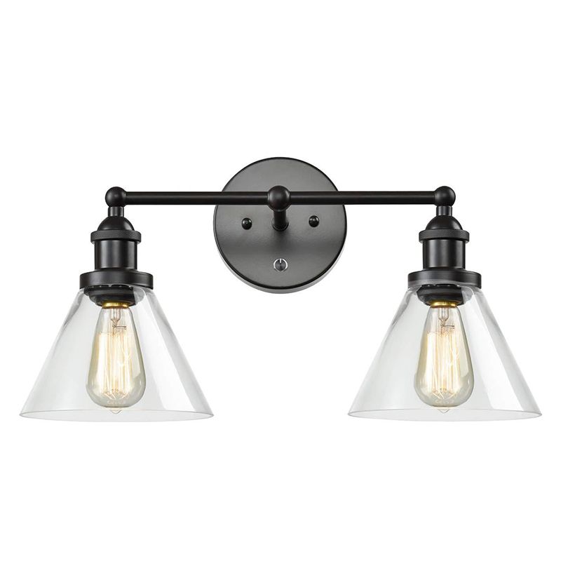 Conical Shade Industrial Wall Mounted Lamp 2 Lights Vanity Sconce in Clear Glass Cage