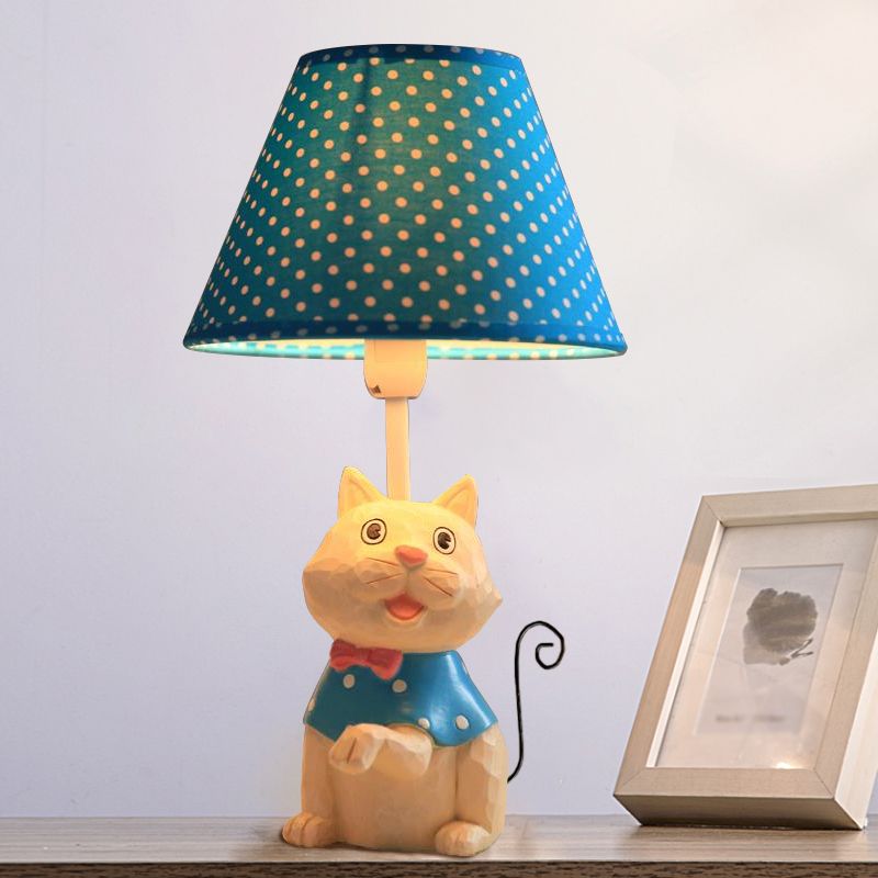 Pink/Blue Cone Reading Book Light Cartoon 1 Bulb Fabric Table Lamp with Spot Design and Cat Base