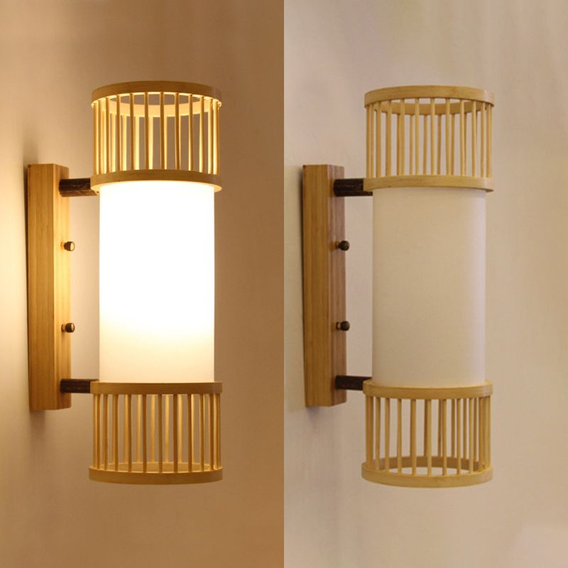 Cylindrical Wall Mounted Lighting Minimalist Style Wood Beige Wall Mounted Light Fixture
