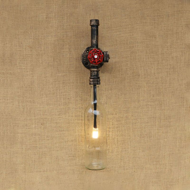 Glass Wine Bottle Wall Lighting Rustic Industrial 1 Light Restaurant Blue/Clear Wall Sconce Light with Red Valve