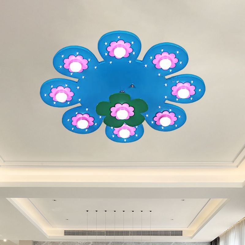 9 Lights Flower Flush Ceiling Light Kids Wood Ceiling Lamp for Nursing Room Girl Bedroom