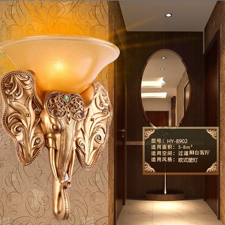 Gold Single Light Wall Lamp Warehouse Amber Glass Wide Bell Wall Lighting Fixture with Elephant Head Design