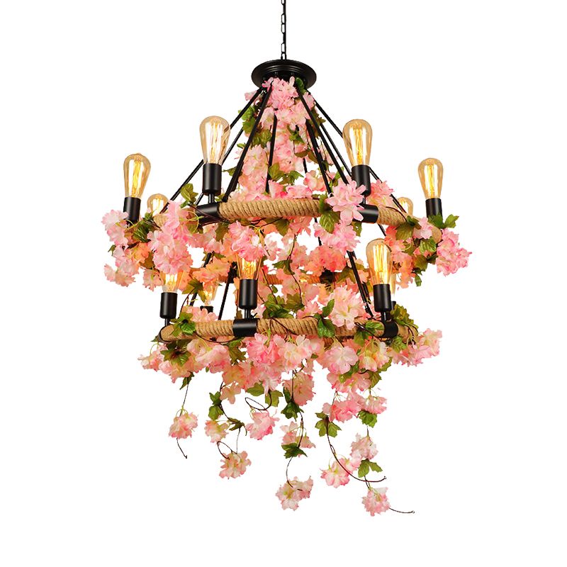 Pink 2 Tiers Chandelier colgante Ligero de metal industrial 14 CABEZAS Restaurante Lámpara colgante con flor de cerezo