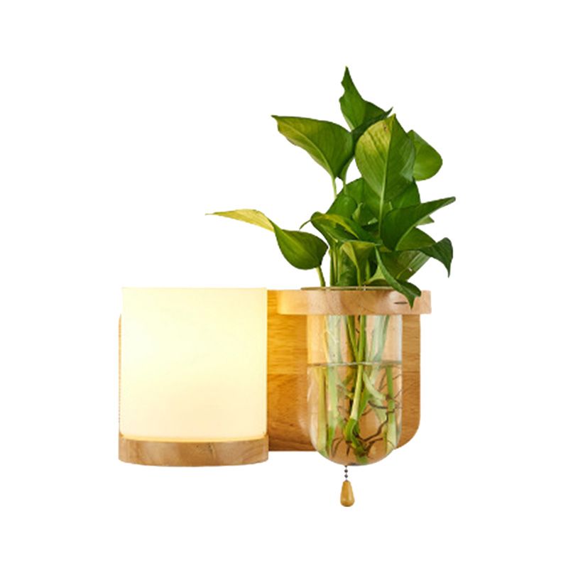 1 Bulb Wall Mounted Light Industrial Cylindrical Opal Glass LED Wall Lamp Sconce in Wood, Left/Right