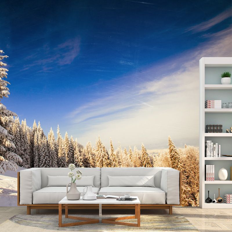 Huge Modern Mural Blue-White Snow Cypress Mountain with Clean Sky Wall Covering, Custom Made