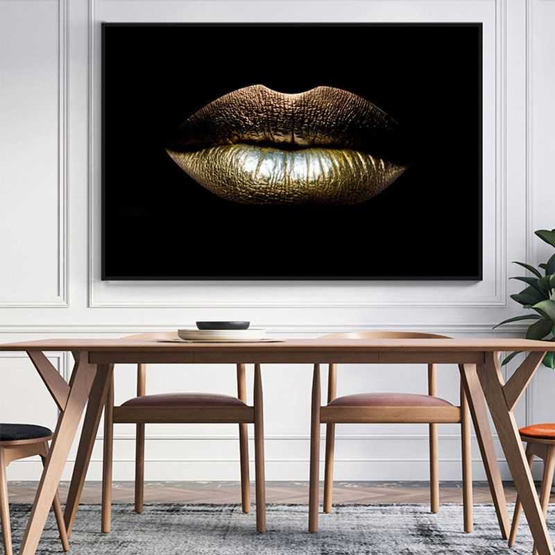 Modern Woman Lip Wall Art Print Gold-Black Textured Surface Canvas for Dining Room