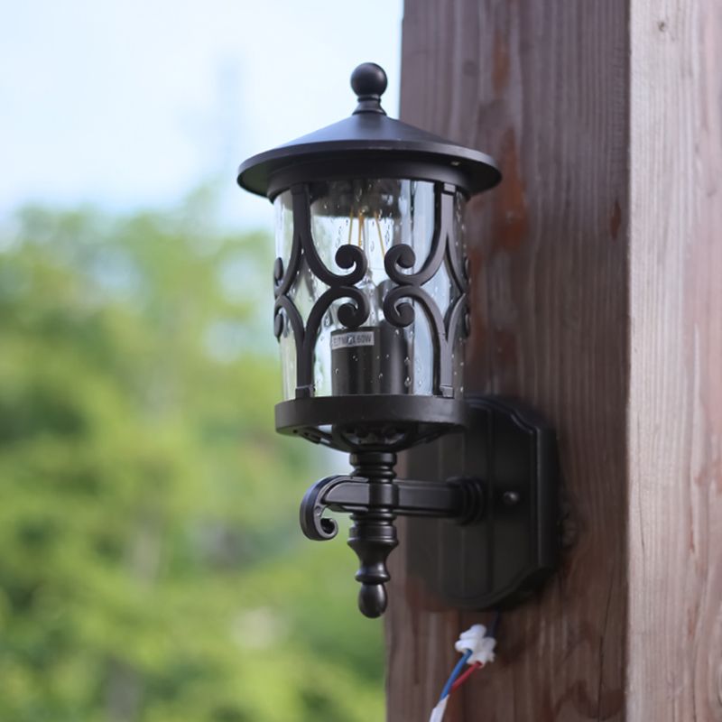 1-Light Wall Lighting Classic Lantern Clear Bubble/Crackle Glass Sconce Light in Dark Coffee for Courtyard