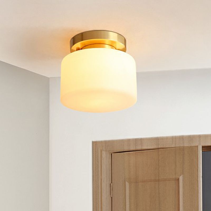 Minimalist Cylindrical Semi Flush Mount Lamp 1 Head Cream Glass Ceiling Light in Brass for Foyer